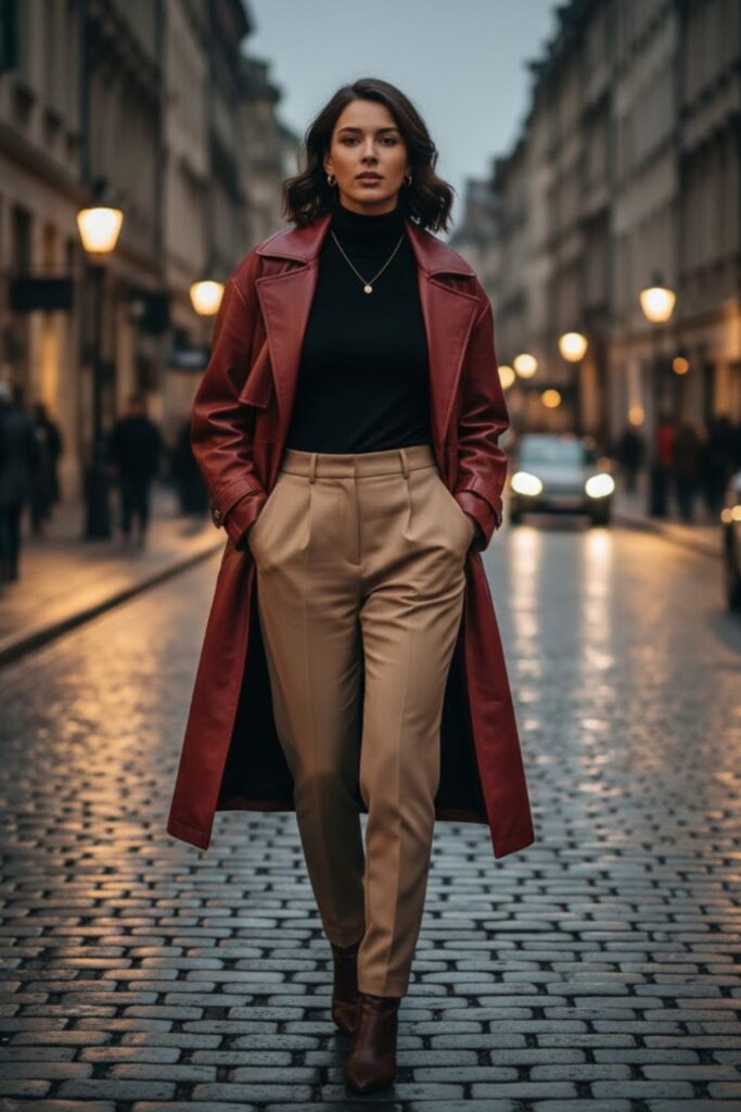 9. Zara Leather Jacket with High-Waist Trousers and a Fitted Top