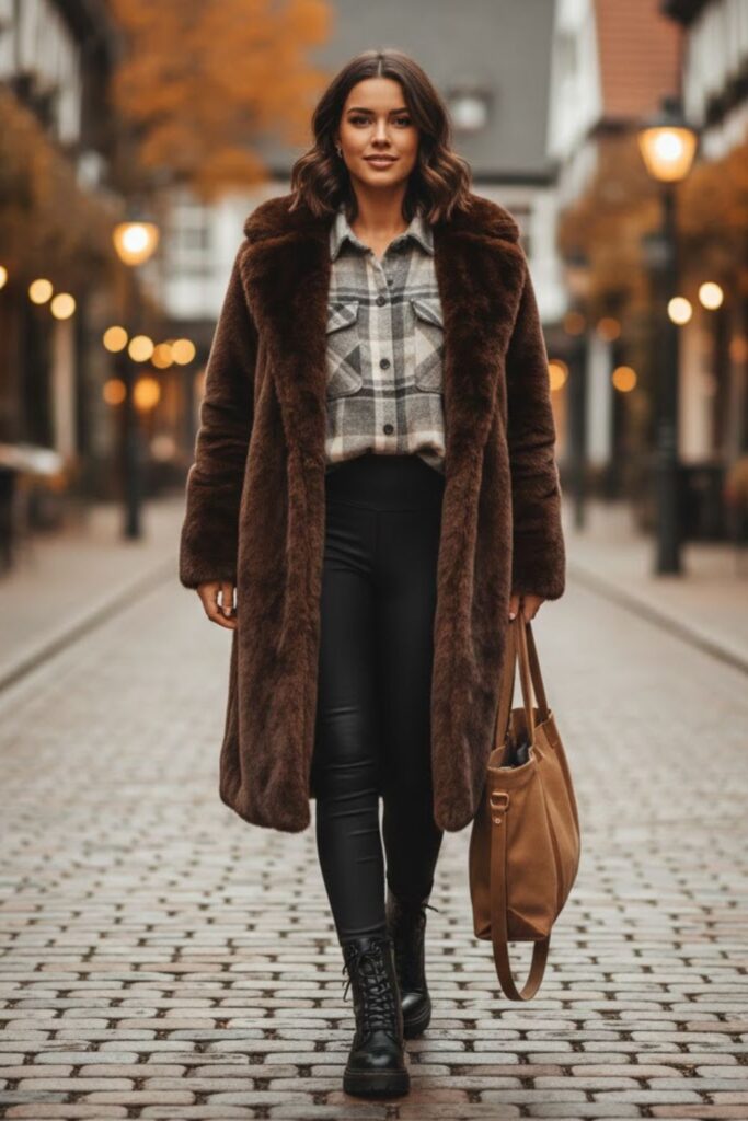 9. long fur coat outfit with flannel shirt and leggings