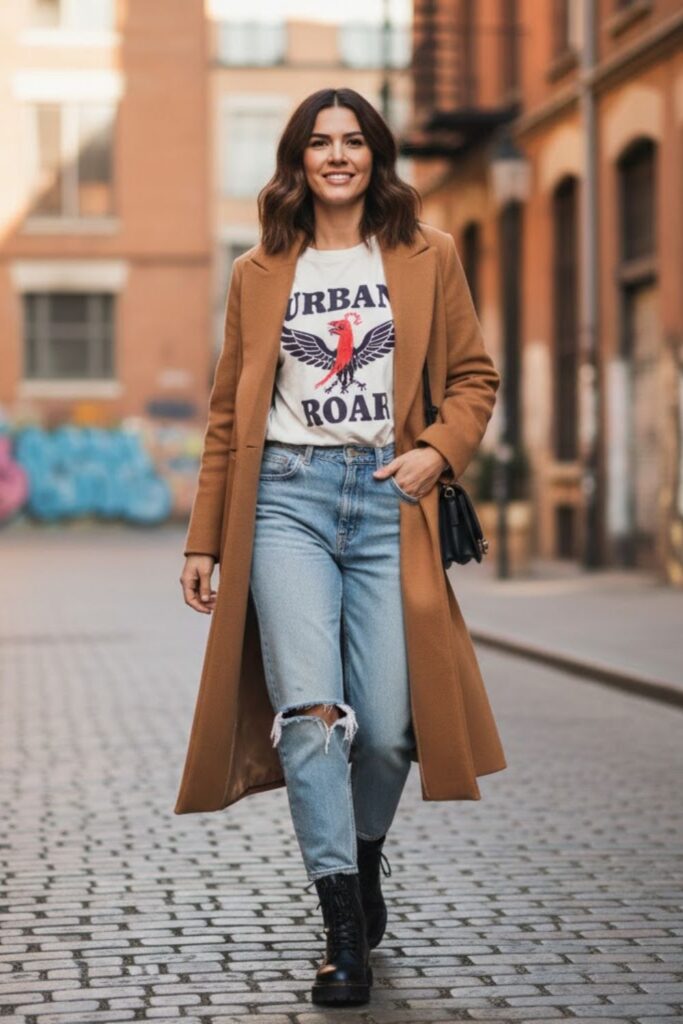 8. Camel Leather Jacket Outfit with a Graphic Tee