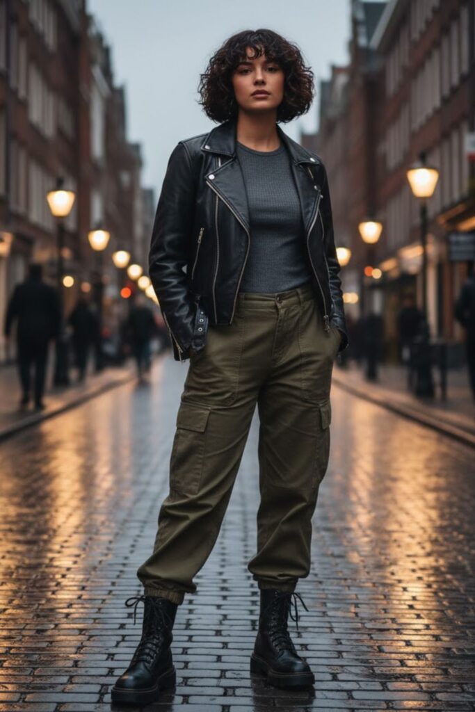 15. Black Leather Jacket with Cargo Pants