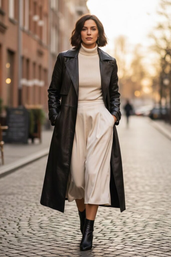 7. Long Leather Jacket with a Midi Skirt