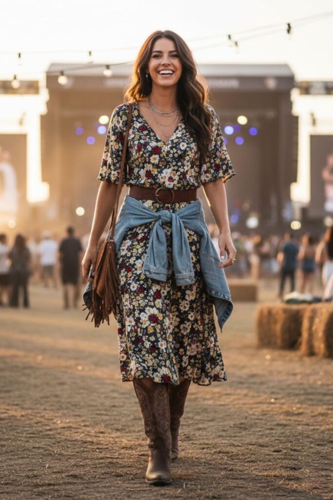 1. Country Concert Outfit Brown Boots with Floral Dress
