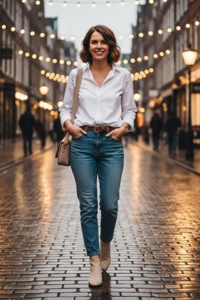 1. Cream Suede Boots with Blue Jeans and White Shirt