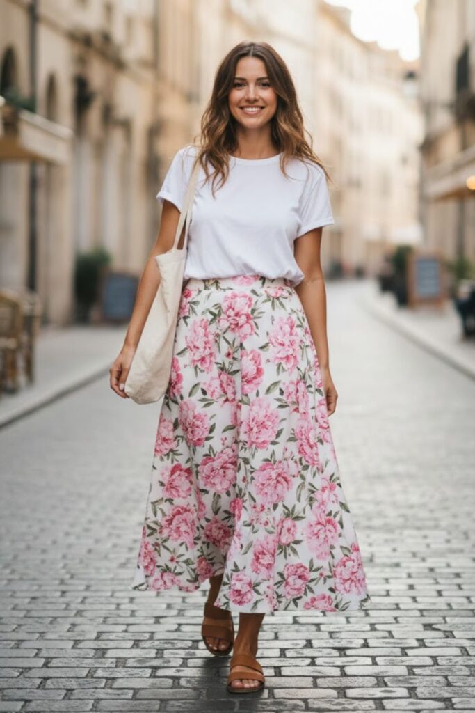 1. Floral Maxi Skirt with Basic White T-Shirt
