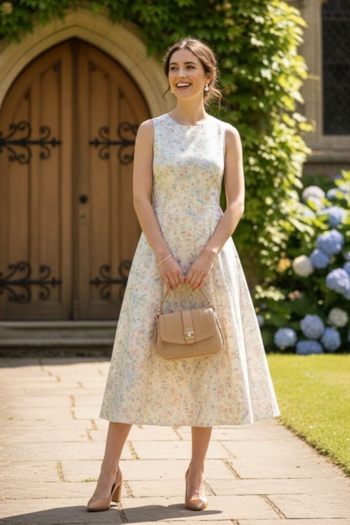 1. Floral Midi Dress with Low Heels
