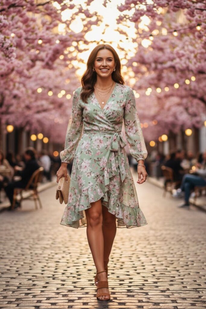 1. Floral Wrap Dress with Block Heels