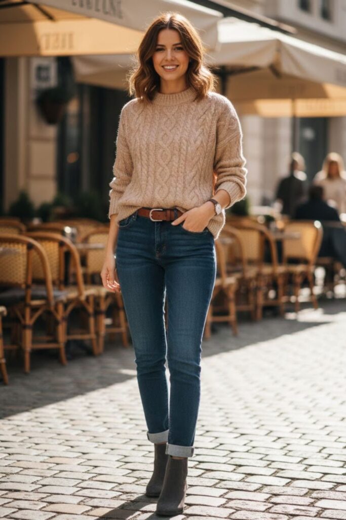 1. Grey Suede Boots with Dark Denim and Knitwear