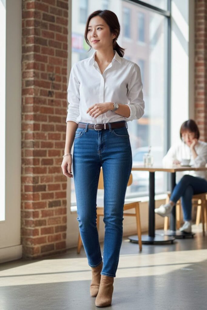 1. Light Brown Suede Boots with Dark Wash Jeans and White Shirt