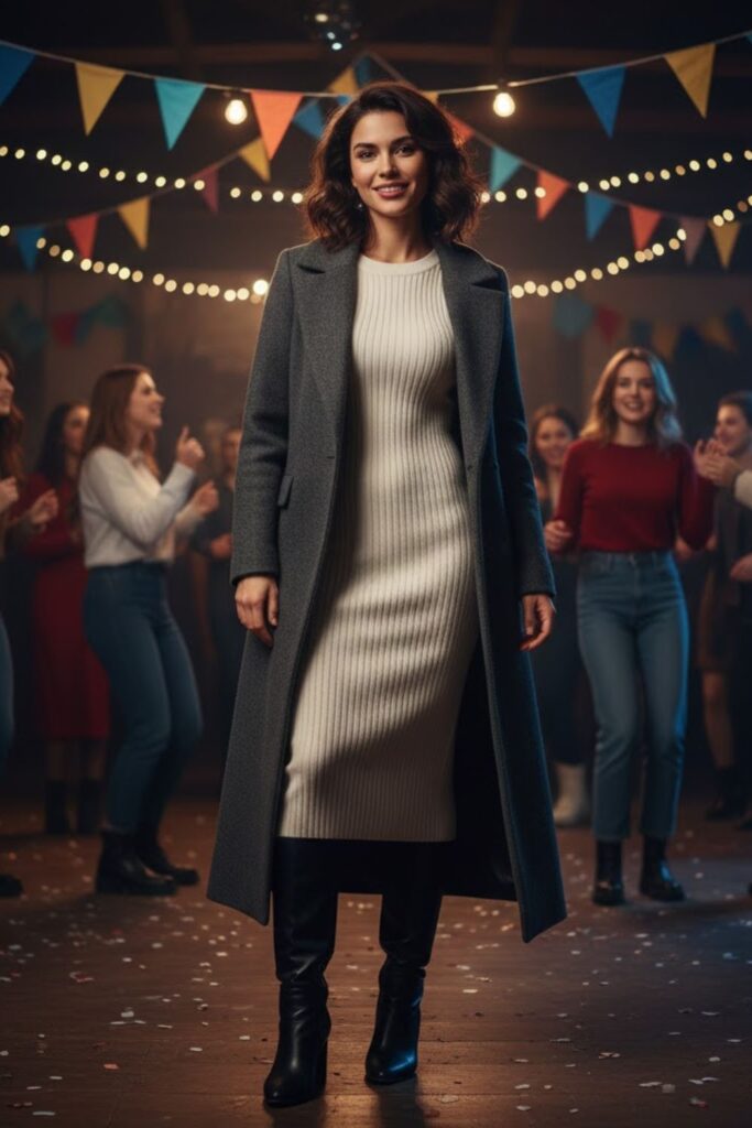 1. Long Coat With Knit Dress And Boots