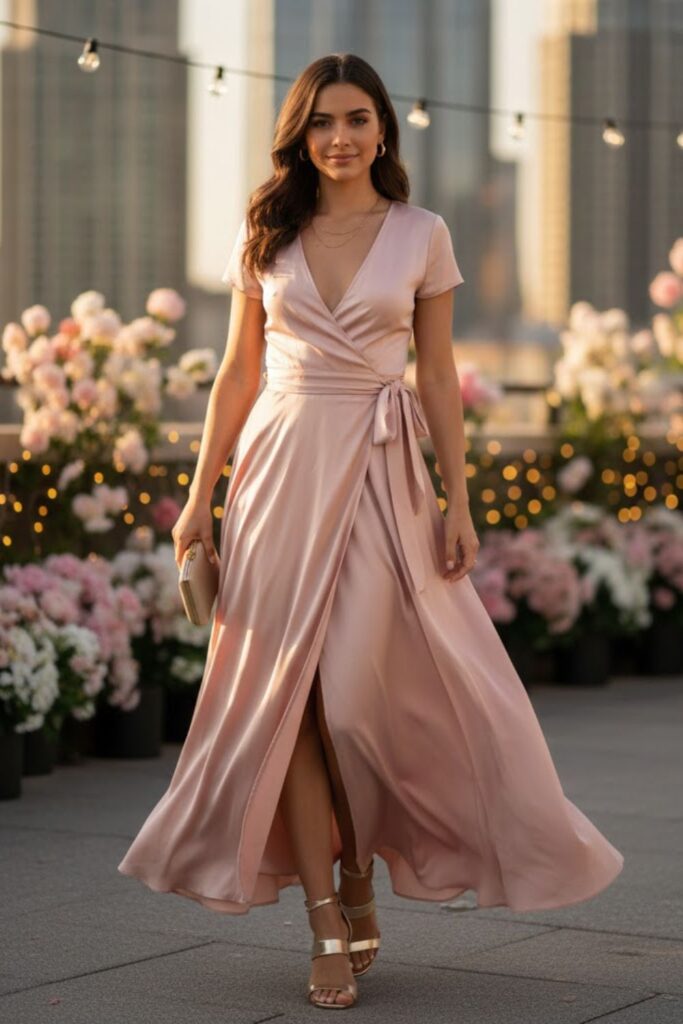 1. Satin Wrap Dress with Metallic Sandals