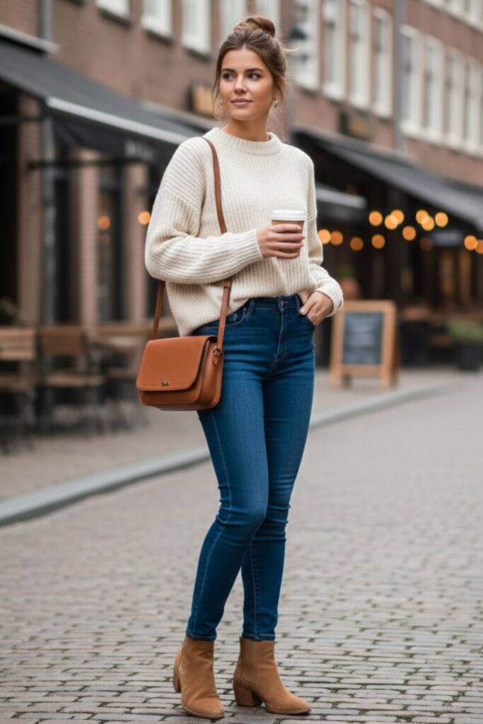 1. Suede Boots with Skinny Jeans and Cozy Knit