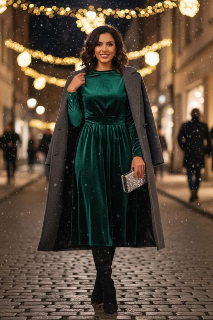 1. Velvet Dress With Heeled Boots And Long Coat
