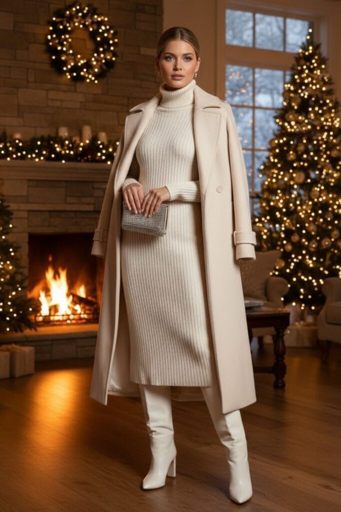 1. White Knit Dress With Knee-High Boots And Long Coat
