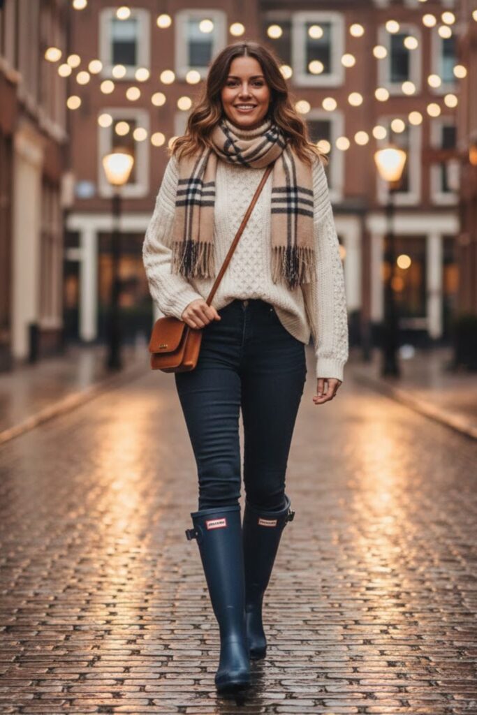 1. knee high hunter boots outfit with Skinny Jeans and Chunky Sweater