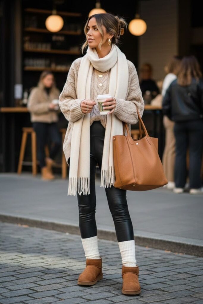 1. short ugg boots outfit with Black Leggings and Oversized Sweater