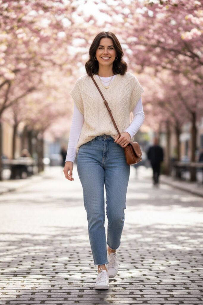 10. Light Wash Jeans with Knit Vest