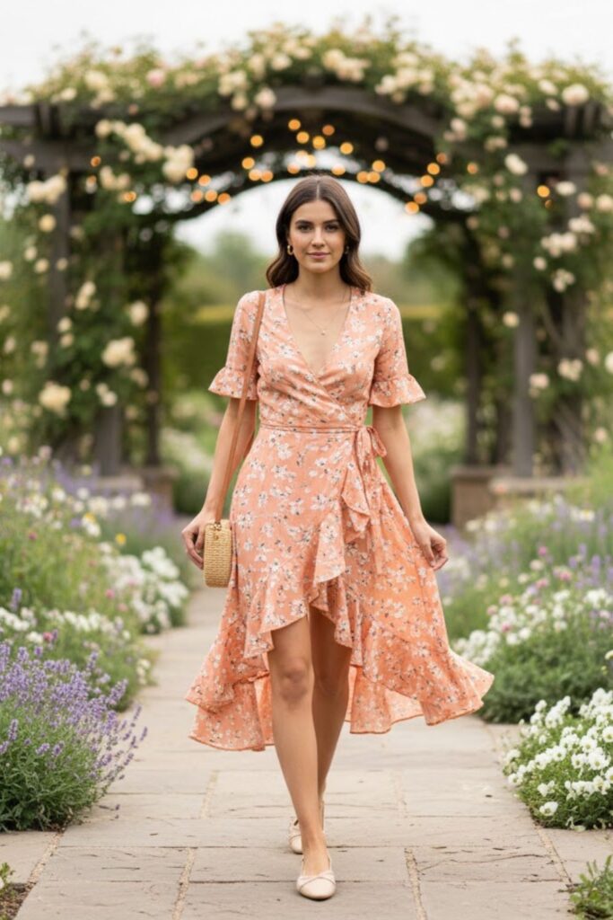 10. Ruffled Wrap Dress with Flats