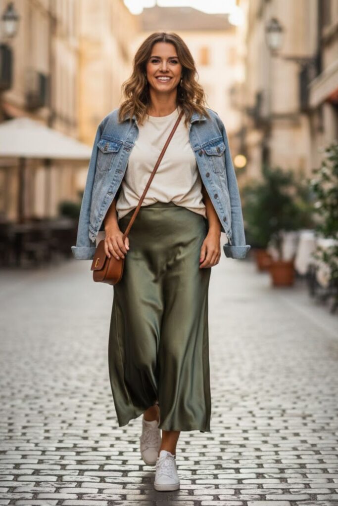 10. Satin Maxi Skirt with Casual Tee