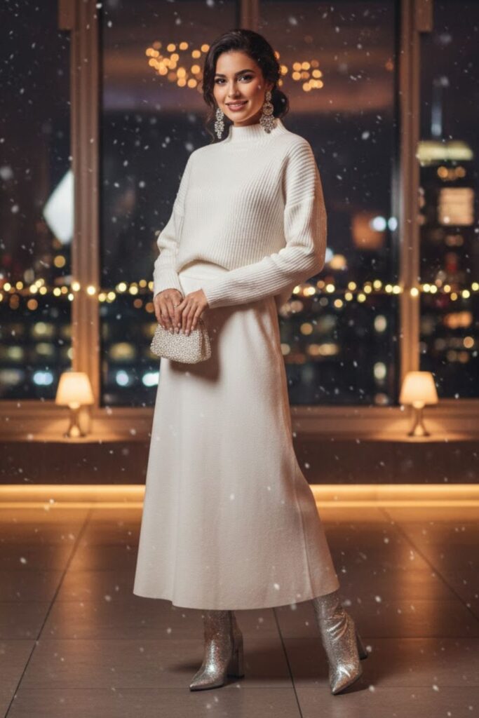 10. White Two-Piece Knit Set With Statement Shoes