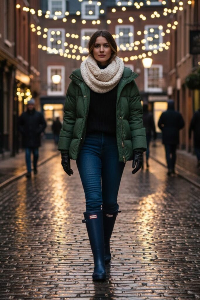 10. knee high hunter boots outfit with Puffer Jacket and Slim Jeans