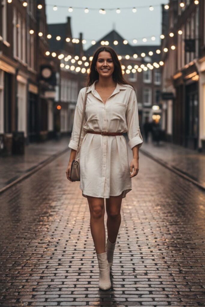 11. Cream Suede Boots with Casual Shirt Dress