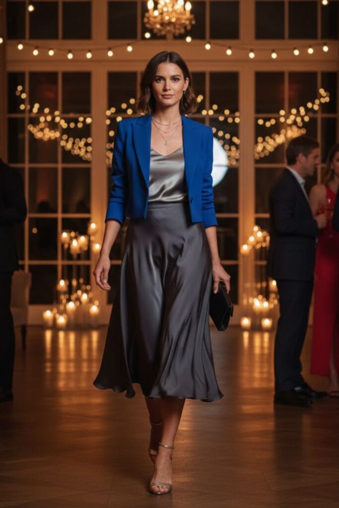 11. Cropped Blazer with High-Waist Skirt and Camisole