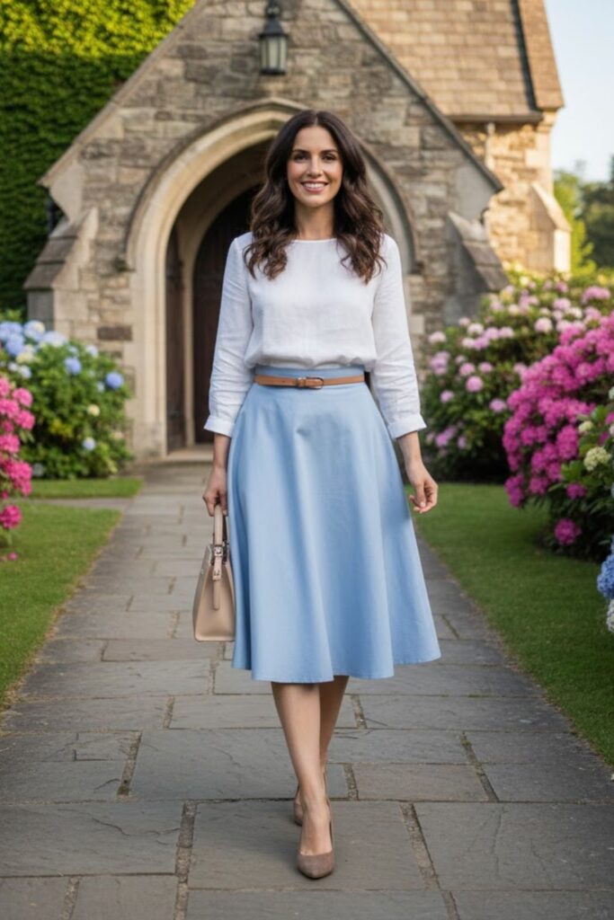 11. High-Waist Skirt with Tucked Blouse