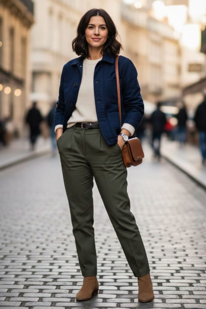 11. Light Brown Suede Boots with Chore Jacket and Trousers