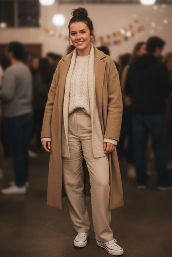 11. Neutral Layered Outfit With Sneakers
