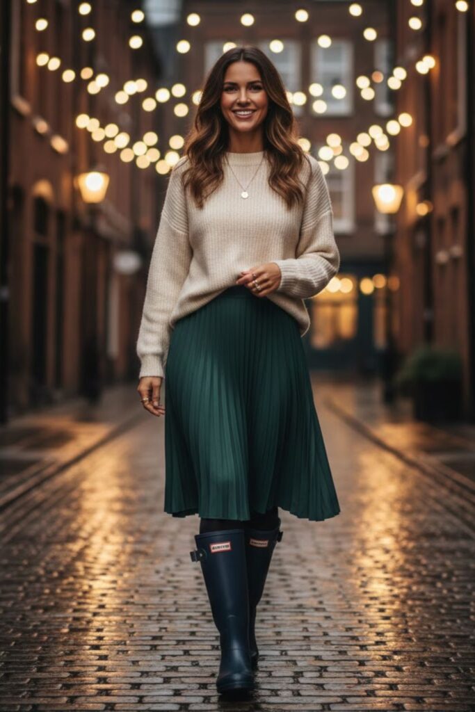 11. knee high hunter boots outfit with Pleated Skirt and Sweater