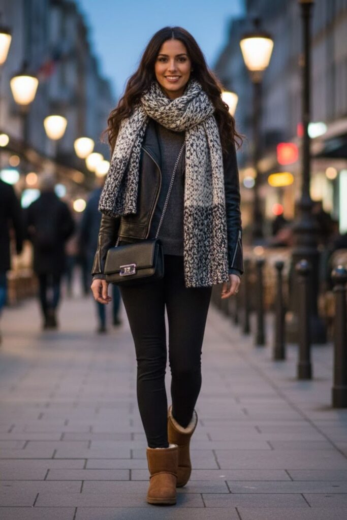 11. short ugg boots outfit with Leather Jacket and Leggings