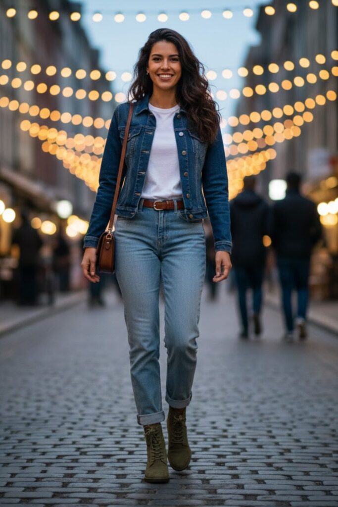 12. Denim-on-denim with olive green suede boots outfit