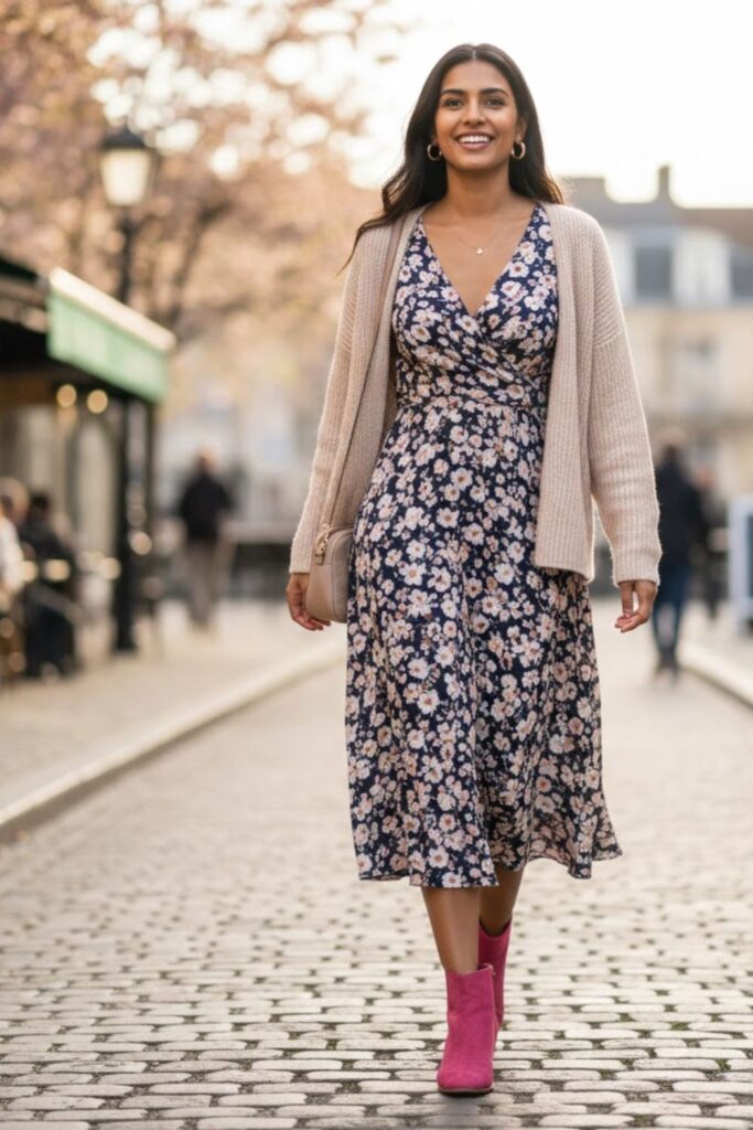 12. Floral dress with pink suede boots
