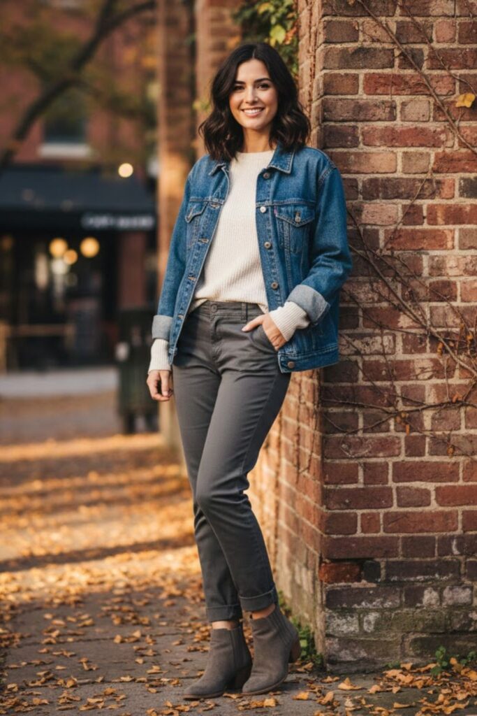 12. Grey Suede Boots with Denim Jacket Styling