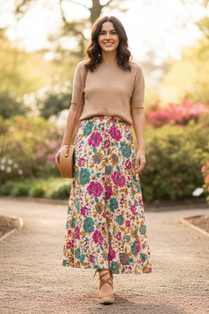 12. Printed Maxi Skirt with Neutral Knit Top