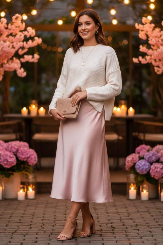 12. Satin Midi Skirt with Knit Top