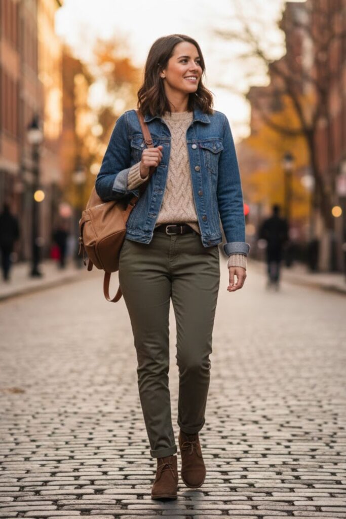 12. Transitional season outfit with denim jacket