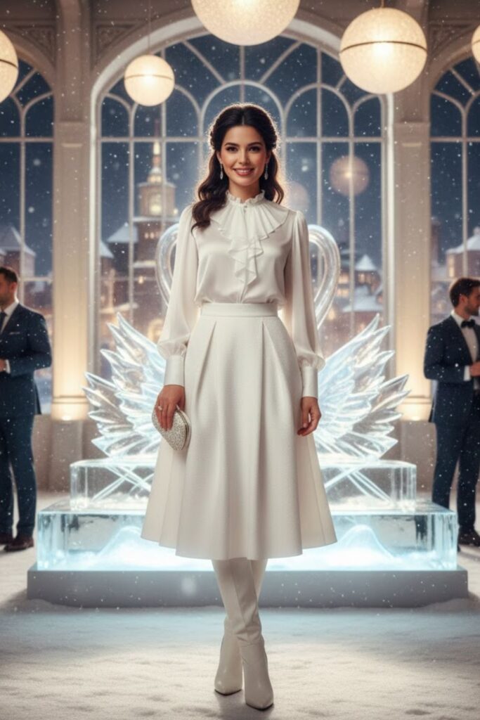 12. White Blouse With High-Waisted Skirt And Boots