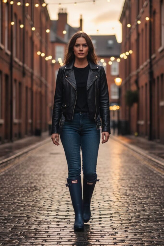 12. knee high hunter boots outfit with Leather Jacket and Jeans