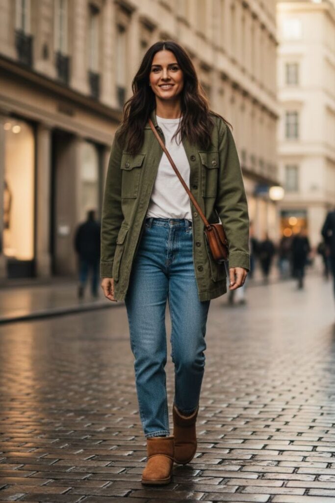 12. short ugg boots outfit with Utility Jacket and Jeans