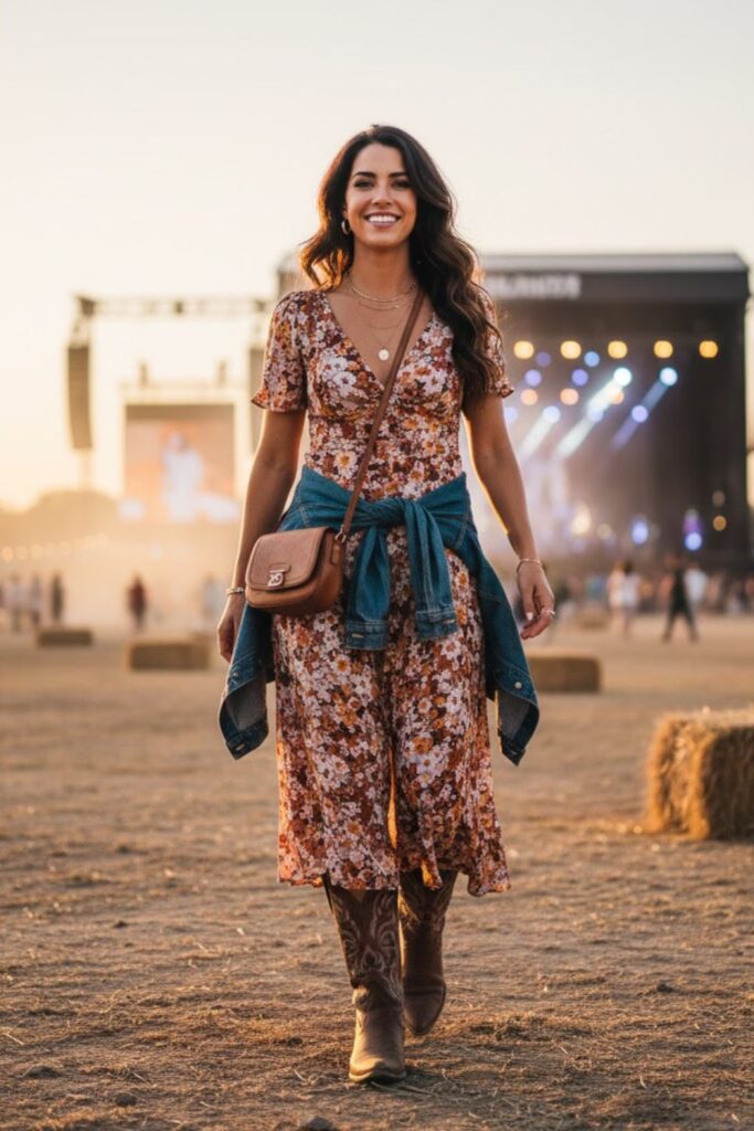 13. Country Concert Outfit Brown Boots with Midi Dress and Jean Jacket
