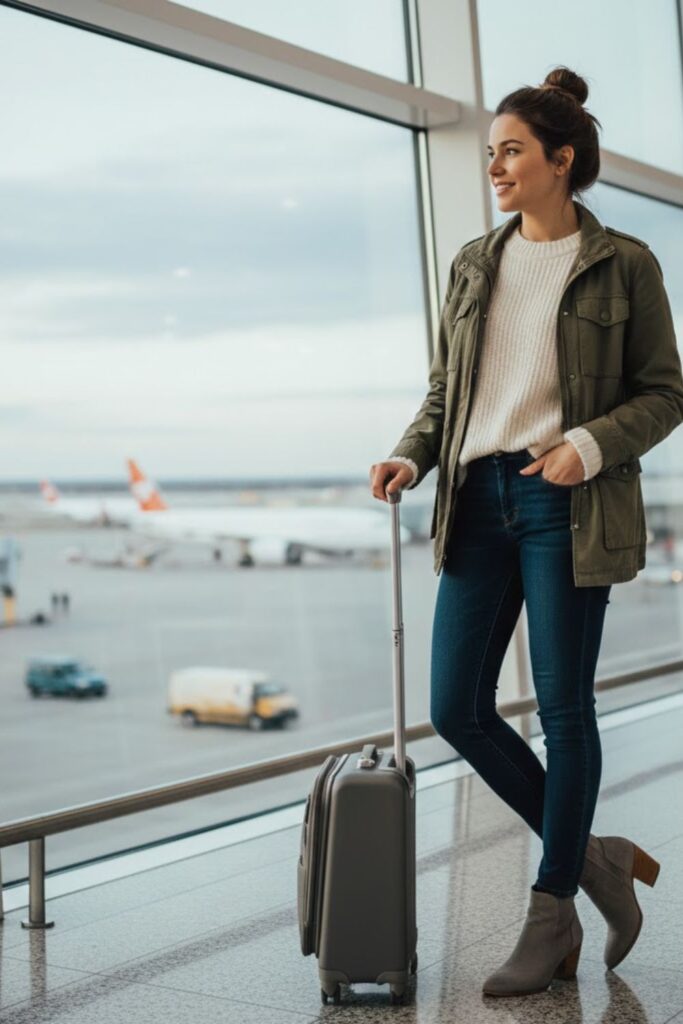 13. Grey Suede Boots Outfit for Travel Days