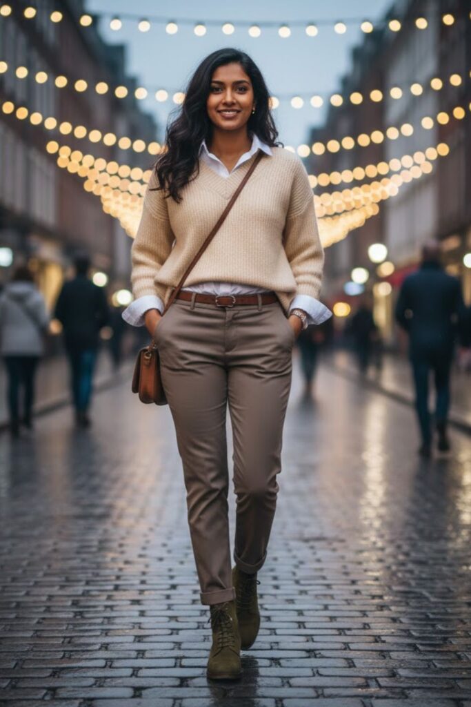 13. Neutral sweater and tailored trousers