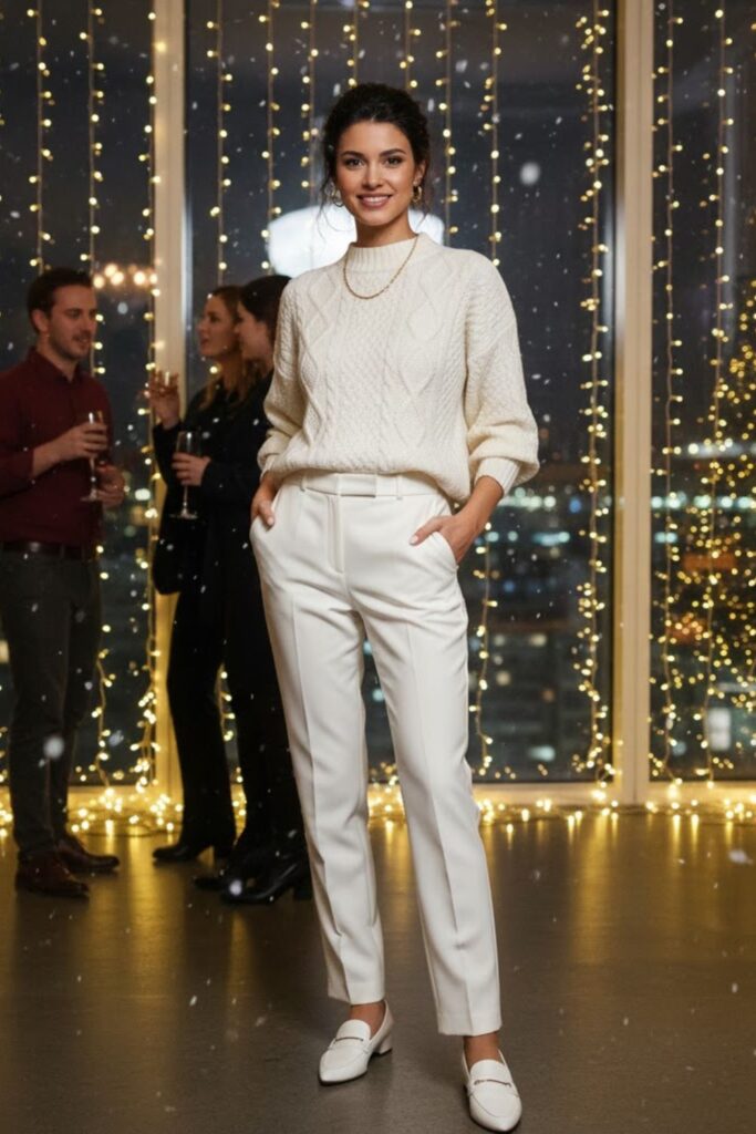 13. White Cable Knit With Tailored Pants