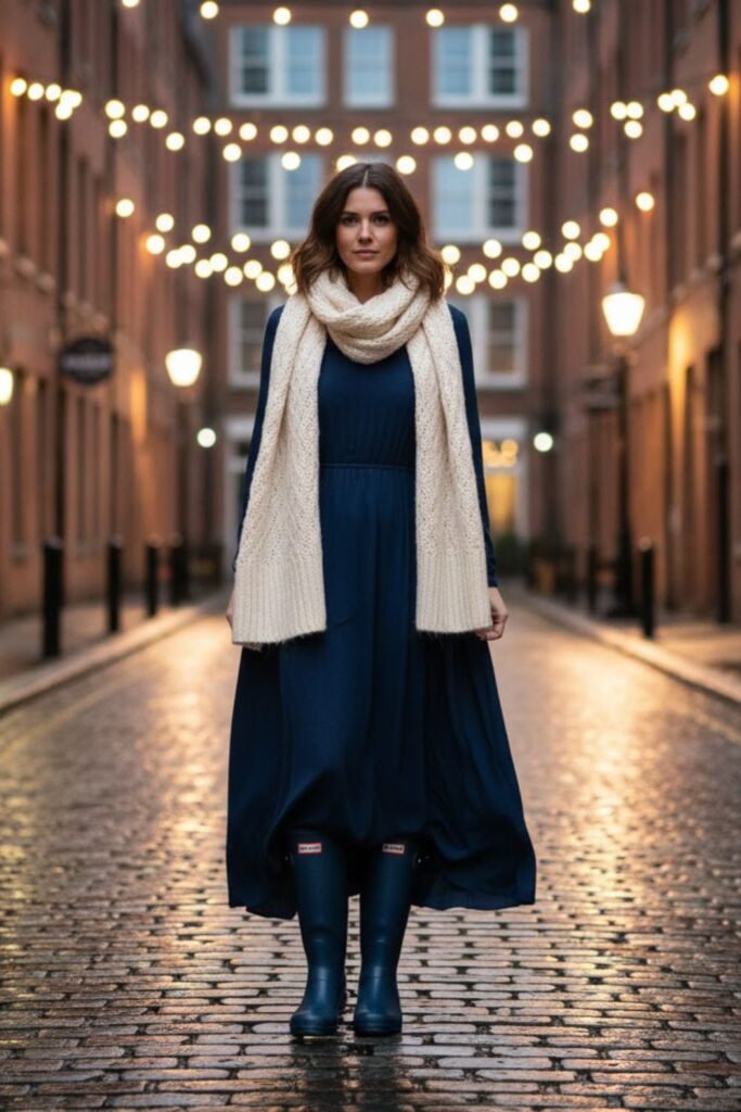13. knee high hunter boots outfit with Maxi Dress and Scarf