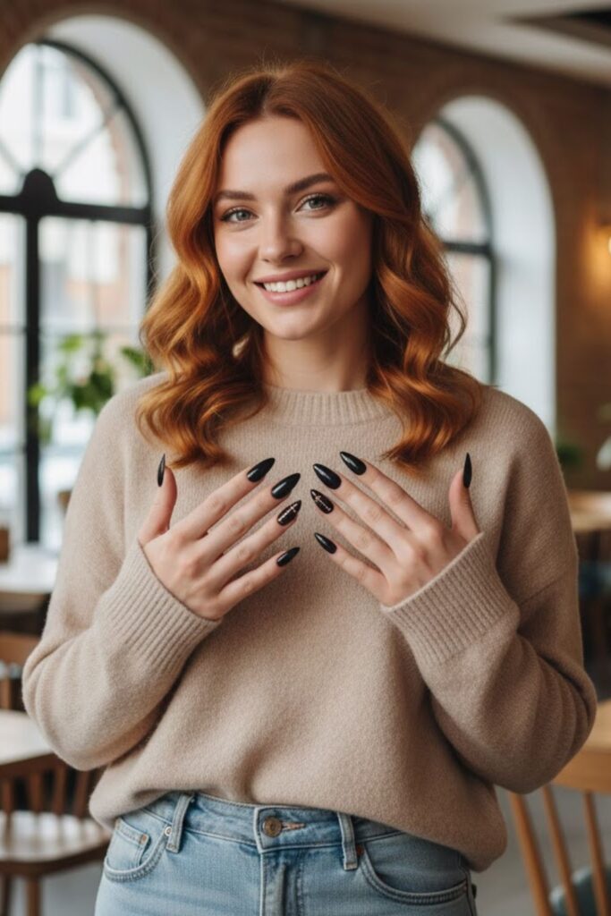 14. Black nails with rose gold minimal dots