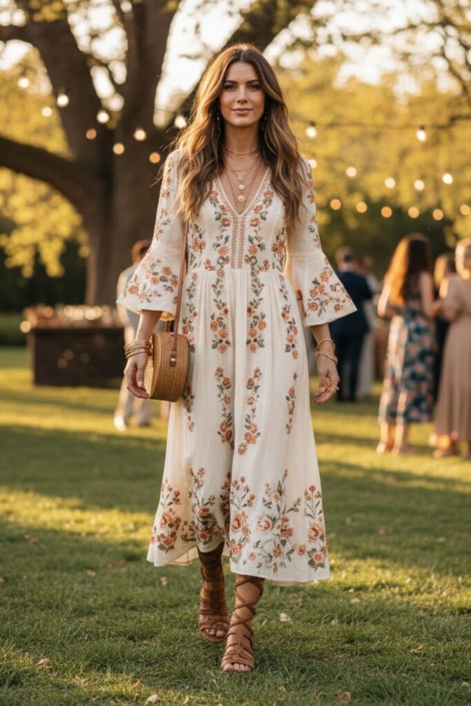 14. Boho Chic Dress with Gladiator Sandals