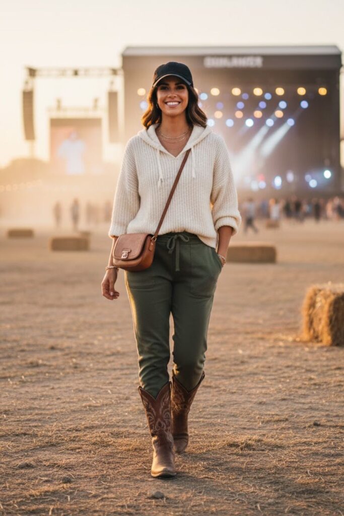 14. Country Concert Outfit Brown Boots with Joggers and Knit Hoodie
