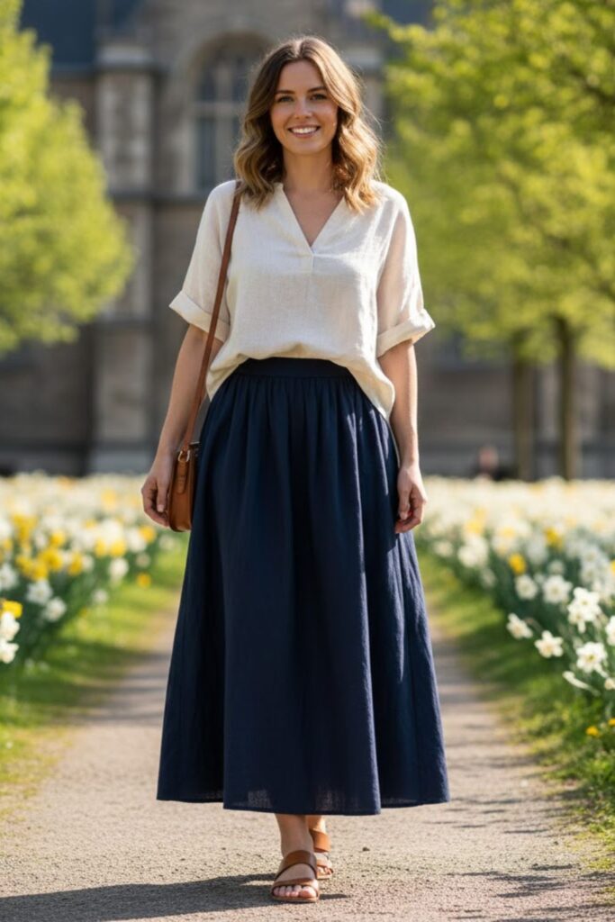 14. Dark Maxi Skirt with Light-Colored Top