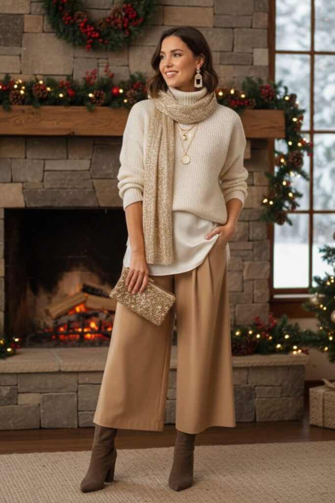 14. Layered Neutral Outfit With Festive Details